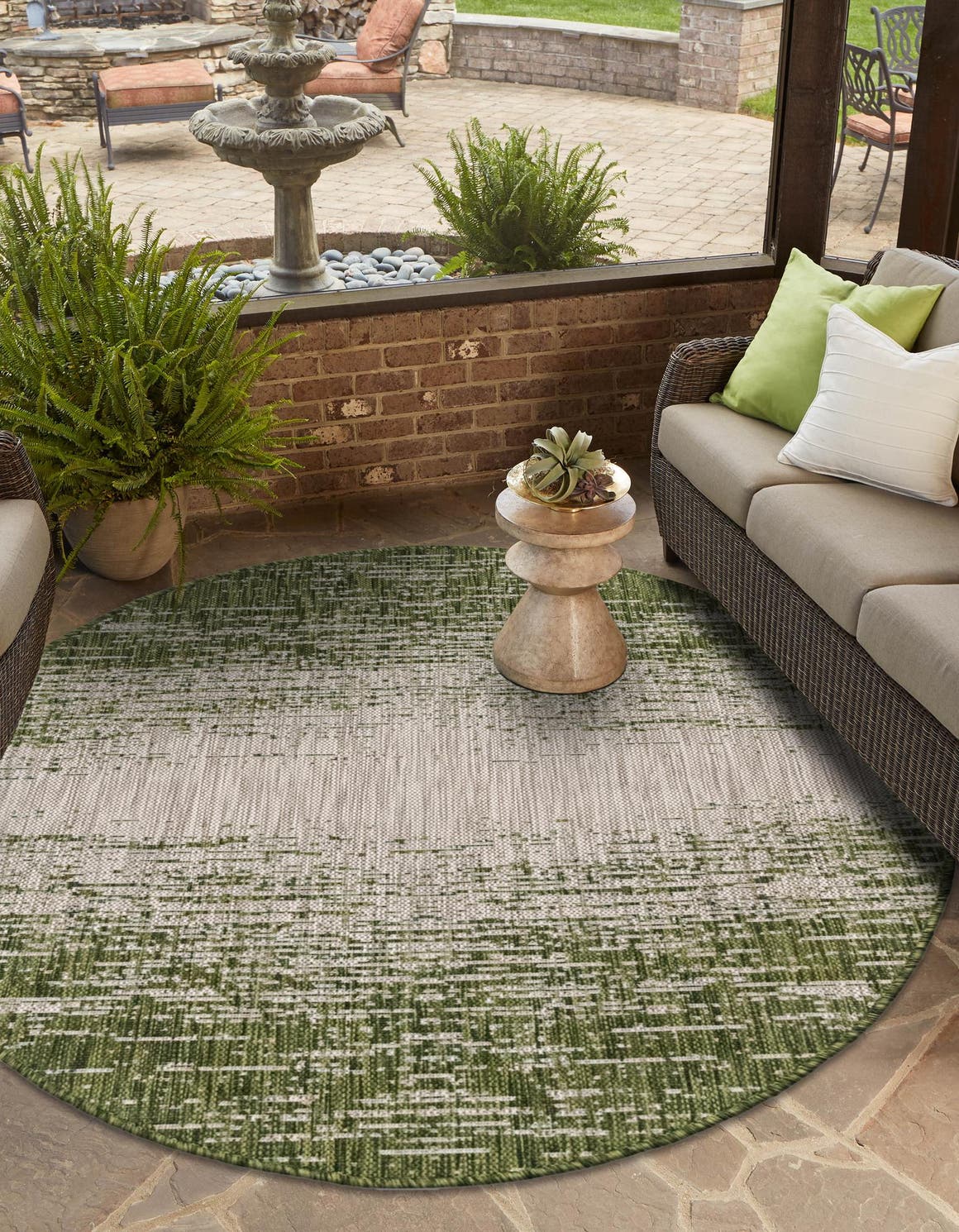 Green 10' 8 x 10' 8 Outdoor Modern Round Area Rug Weather Resistant for Patio, Deck, Terrace, Balcony, Porch 100% Polypropylene Modern Outside Carpet for Sale at Rug Engine