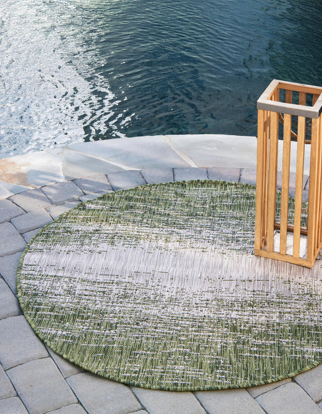 Green 10' 8 x 10' 8 Outdoor Modern Round Area Rug Weather Resistant for Patio, Deck, Terrace, Balcony, Porch 100% Polypropylene Modern Outside Carpet for Sale at Rug Engine