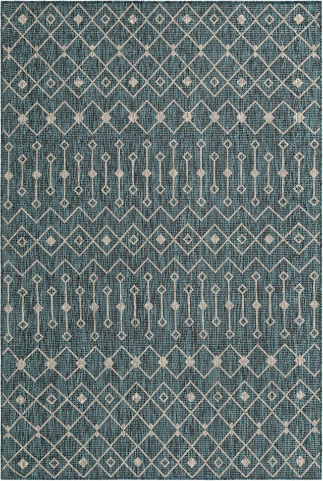 Teal 6' 1 x 9' Outdoor Trellis Rectangle Area Rug Weather Resistant for Patio, Deck, Terrace, Balcony, Porch Geometric Design Water Safe Outside Carpet for Sale at Rug Engine
