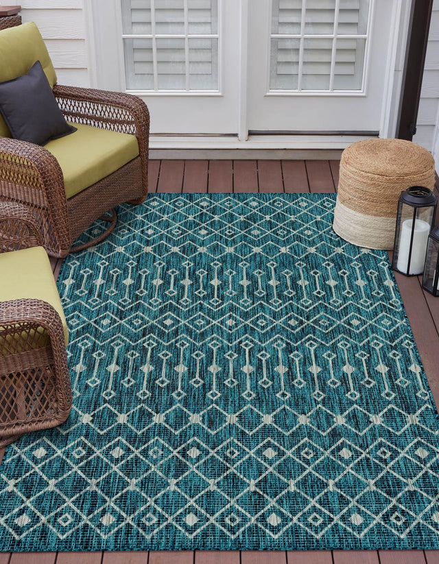 Teal 5' 3 x 8' Outdoor Trellis Rectangle Area Rug Weather Resistant for Patio, Deck, Terrace, Balcony, Porch Geometric Design Water Safe Outside Carpet for Sale at Rug Engine