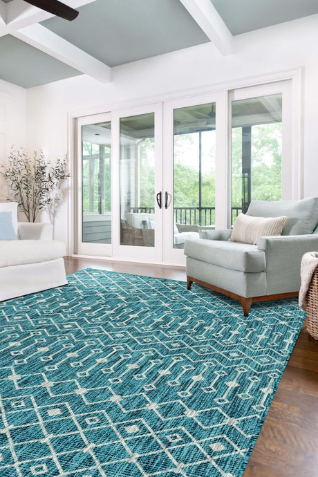 Teal 5' 3 x 8' Outdoor Trellis Rectangle Area Rug Weather Resistant for Patio, Deck, Terrace, Balcony, Porch Geometric Design Water Safe Outside Carpet for Sale at Rug Engine