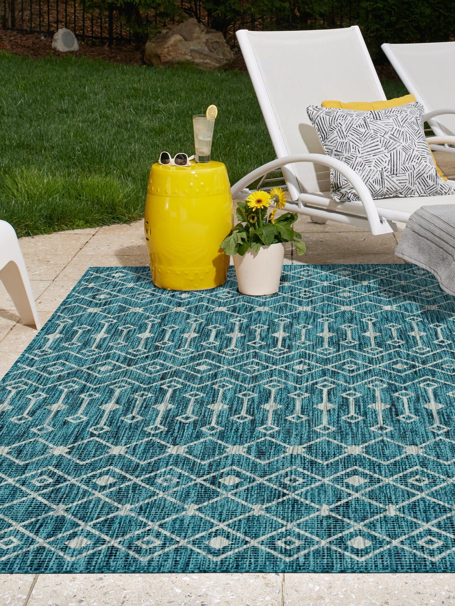 Teal 5' 3 x 8' Outdoor Trellis Rectangle Area Rug Weather Resistant for Patio, Deck, Terrace, Balcony, Porch Geometric Design Water Safe Outside Carpet for Sale at Rug Engine