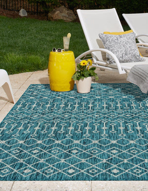 Teal 5' 3 x 8' Outdoor Trellis Rectangle Area Rug Weather Resistant for Patio, Deck, Terrace, Balcony, Porch Geometric Design Water Safe Outside Carpet for Sale at Rug Engine