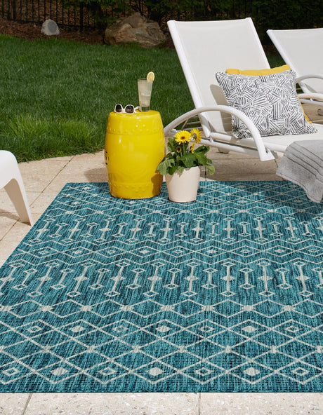 Teal 5' 3 x 8' Outdoor Trellis Rectangle Area Rug Weather Resistant for Patio, Deck, Terrace, Balcony, Porch Geometric Design Water Safe Outside Carpet for Sale at Rug Engine