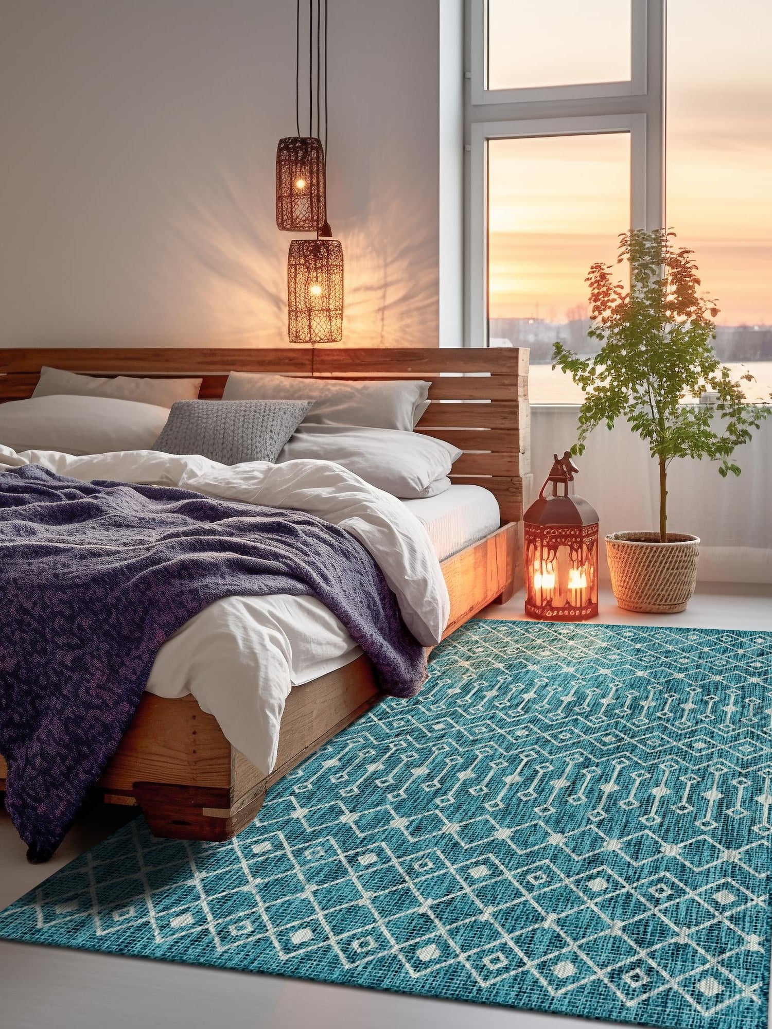 Teal 7' 10 x 10' Outdoor Trellis Rectangle Area Rug Weather Resistant for Patio, Deck, Terrace, Balcony, Porch Geometric Design Water Safe Outside Carpet for Sale at Rug Engine