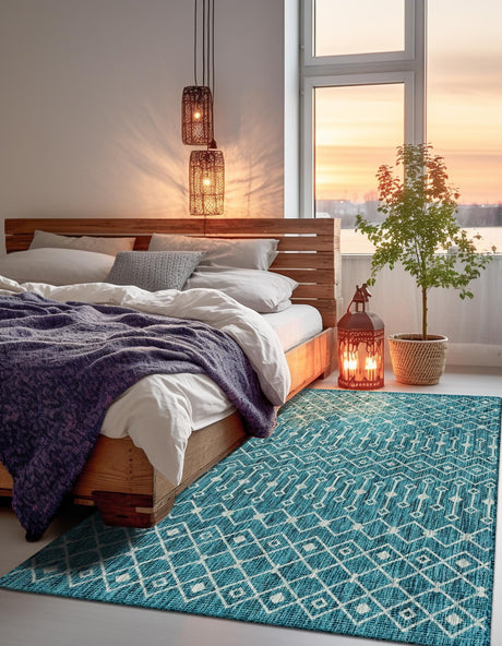 Teal 5' 3 x 8' Outdoor Trellis Rectangle Area Rug Weather Resistant for Patio, Deck, Terrace, Balcony, Porch Geometric Design Water Safe Outside Carpet for Sale at Rug Engine