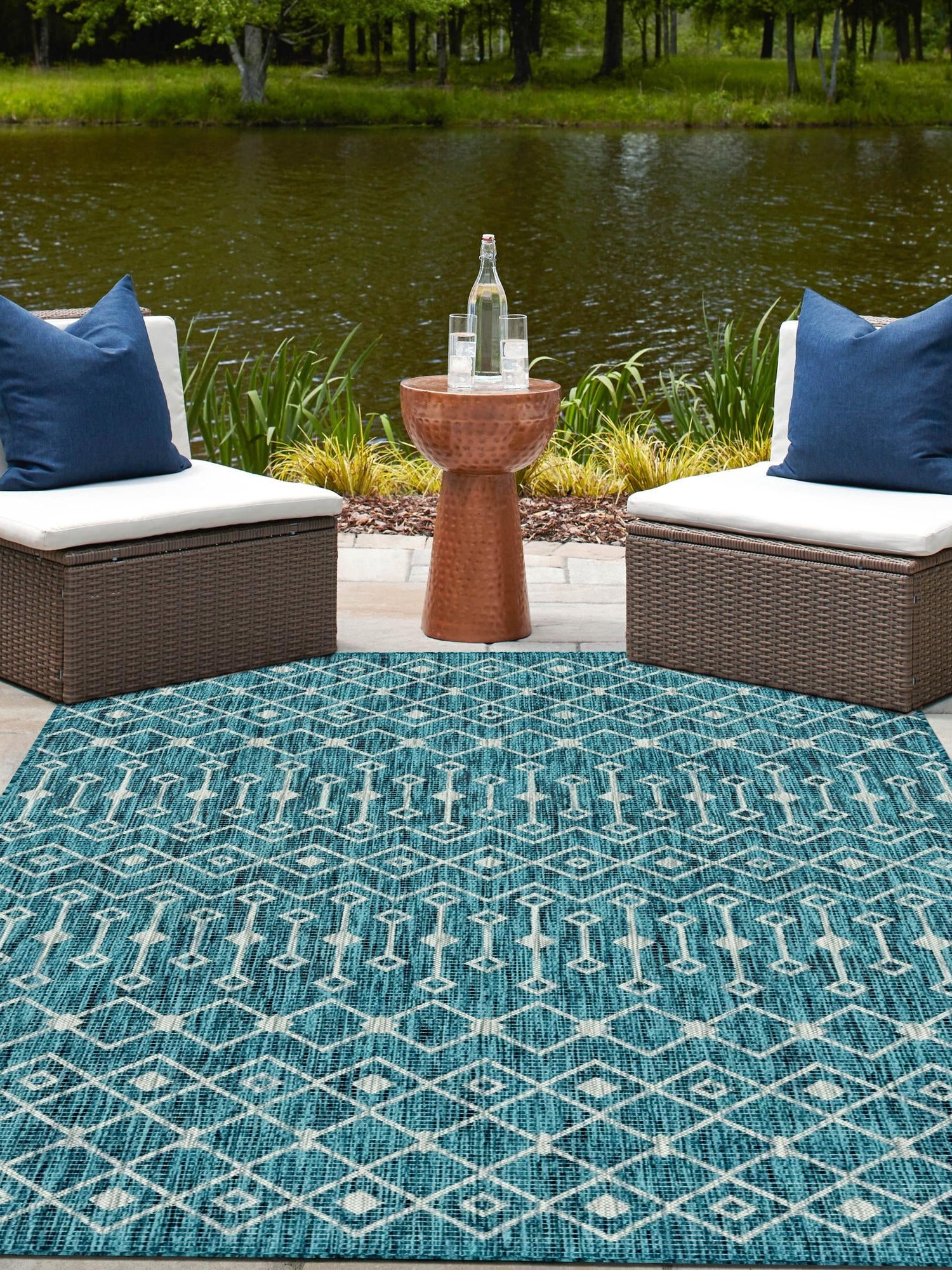 Teal 5' 3 x 8' Outdoor Trellis Rectangle Area Rug Weather Resistant for Patio, Deck, Terrace, Balcony, Porch Geometric Design Water Safe Outside Carpet for Sale at Rug Engine