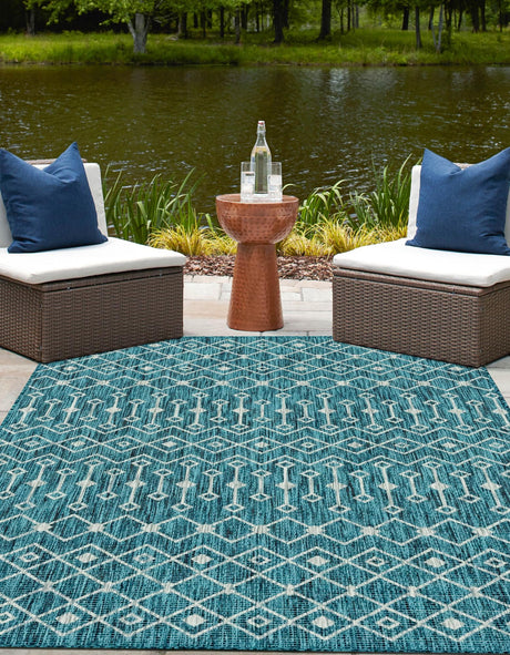 Teal 5' 3 x 8' Outdoor Trellis Rectangle Area Rug Weather Resistant for Patio, Deck, Terrace, Balcony, Porch Geometric Design Water Safe Outside Carpet for Sale at Rug Engine