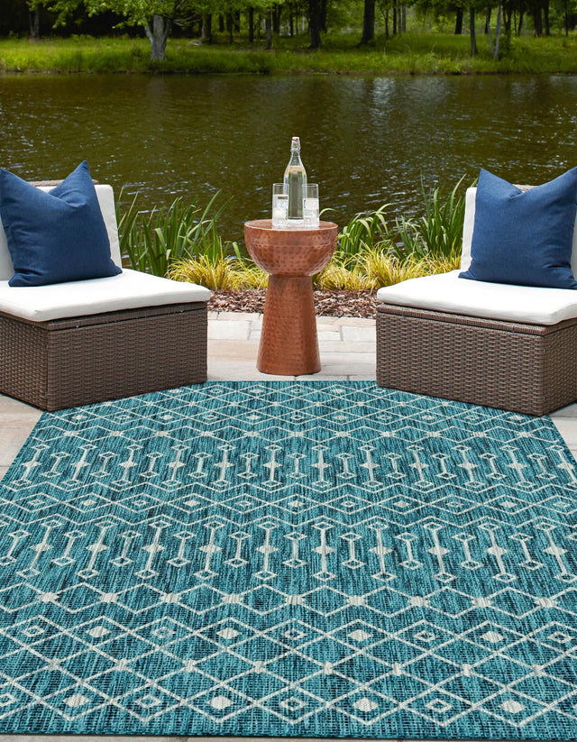 Teal 5' 3 x 8' Outdoor Trellis Rectangle Area Rug Weather Resistant for Patio, Deck, Terrace, Balcony, Porch Geometric Design Water Safe Outside Carpet for Sale at Rug Engine
