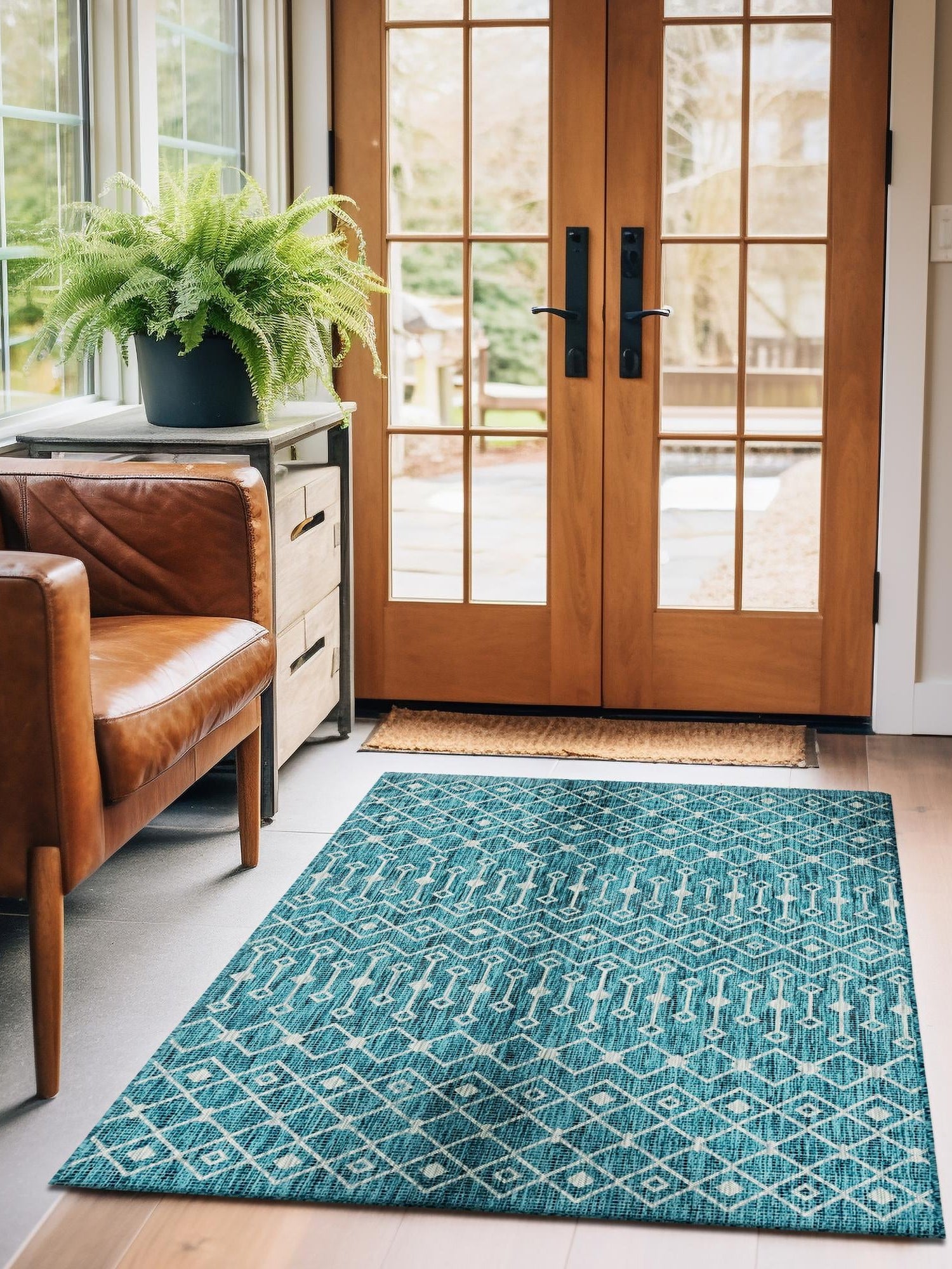 Teal 5' 3 x 8' Outdoor Trellis Rectangle Area Rug Weather Resistant for Patio, Deck, Terrace, Balcony, Porch Geometric Design Water Safe Outside Carpet for Sale at Rug Engine
