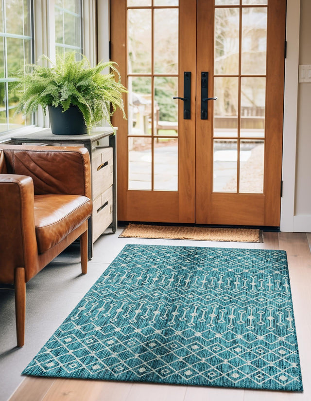 Teal 5' 3 x 8' Outdoor Trellis Rectangle Area Rug Weather Resistant for Patio, Deck, Terrace, Balcony, Porch Geometric Design Water Safe Outside Carpet for Sale at Rug Engine