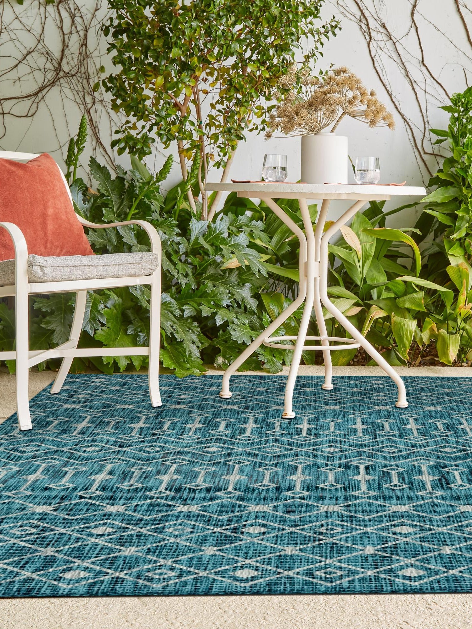 Teal 5' 3 x 8' Outdoor Trellis Rectangle Area Rug Weather Resistant for Patio, Deck, Terrace, Balcony, Porch Geometric Design Water Safe Outside Carpet for Sale at Rug Engine