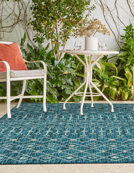 Teal 5' 3 x 8' Outdoor Trellis Rectangle Area Rug Weather Resistant for Patio, Deck, Terrace, Balcony, Porch Geometric Design Water Safe Outside Carpet for Sale at Rug Engine