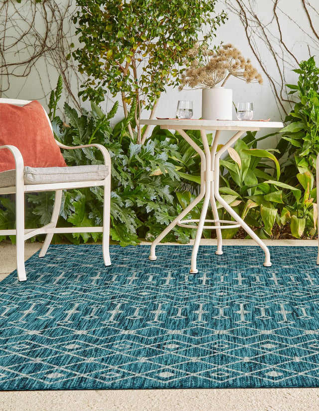 Teal 5' 3 x 8' Outdoor Trellis Rectangle Area Rug Weather Resistant for Patio, Deck, Terrace, Balcony, Porch Geometric Design Water Safe Outside Carpet for Sale at Rug Engine
