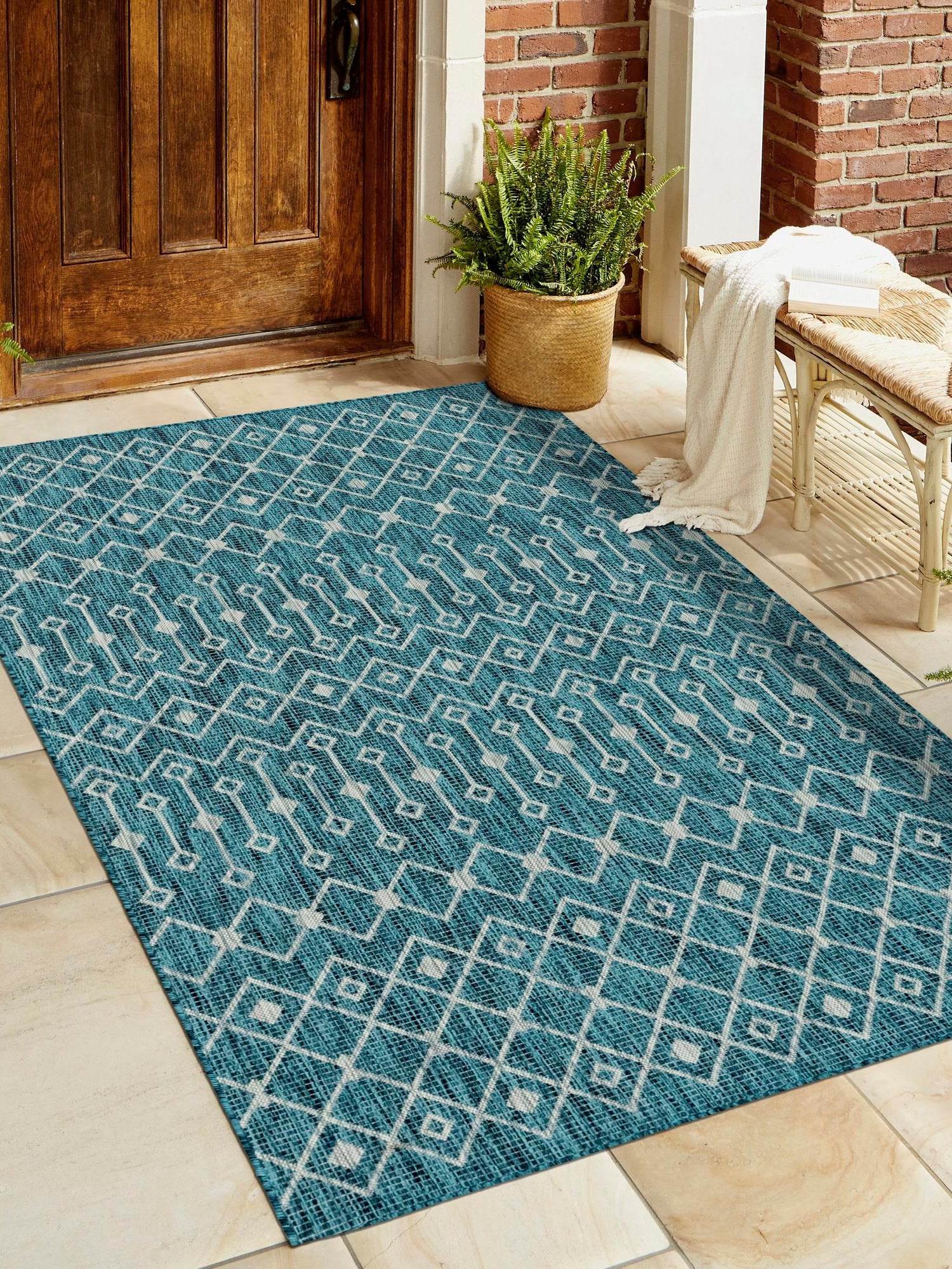 Teal 5' 3 x 8' Outdoor Trellis Rectangle Area Rug Weather Resistant for Patio, Deck, Terrace, Balcony, Porch Geometric Design Water Safe Outside Carpet for Sale at Rug Engine