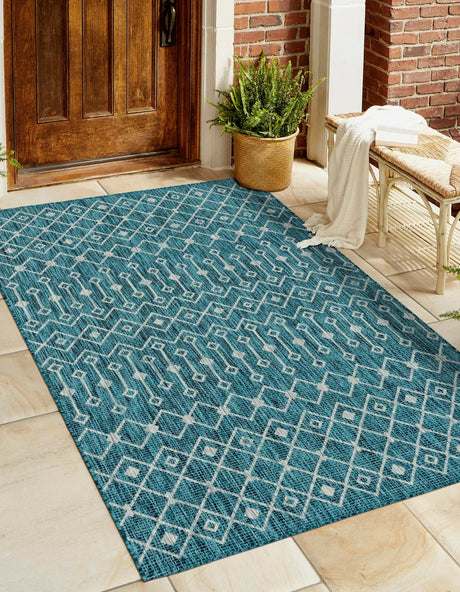 Teal 5' 3 x 8' Outdoor Trellis Rectangle Area Rug Weather Resistant for Patio, Deck, Terrace, Balcony, Porch Geometric Design Water Safe Outside Carpet for Sale at Rug Engine