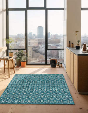 Teal 5' 3 x 8' Outdoor Trellis Rectangle Area Rug Weather Resistant for Patio, Deck, Terrace, Balcony, Porch Geometric Design Water Safe Outside Carpet for Sale at Rug Engine