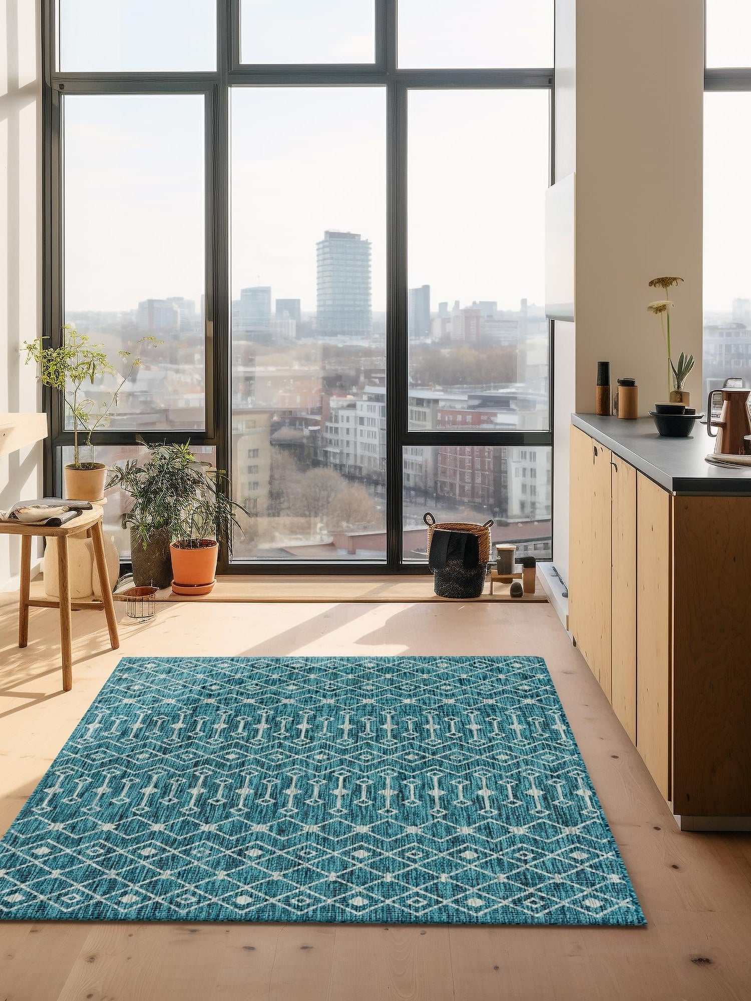 Teal 4' 1 x 6' 1 Outdoor Trellis Rectangle Area Rug Weather Resistant for Patio, Deck, Terrace, Balcony, Porch Geometric Design Water Safe Outside Carpet for Sale at Rug Engine