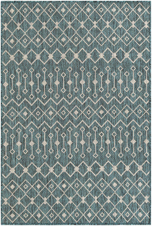 Teal 4' 1 x 6' 1 Outdoor Trellis Rectangle Area Rug Weather Resistant for Patio, Deck, Terrace, Balcony, Porch Geometric Design Water Safe Outside Carpet for Sale at Rug Engine