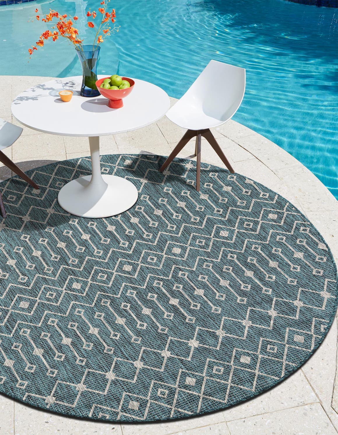 Teal 10' 8 x 10' 8 Outdoor Trellis Round Area Rug Weather Resistant for Patio, Deck, Terrace, Balcony, Porch Geometric Design Water Safe Outside Carpet for Sale at Rug Engine