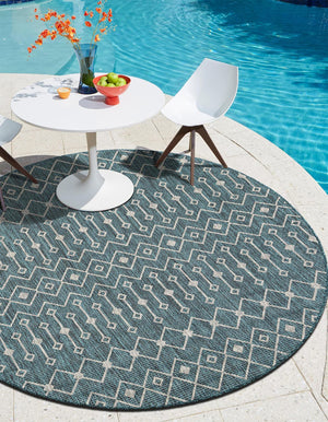 Teal 5' 3 x 5' 3 Outdoor Trellis Round Area Rug Weather Resistant for Patio, Deck, Terrace, Balcony, Porch Geometric Design Water Safe Outside Carpet for Sale at Rug Engine