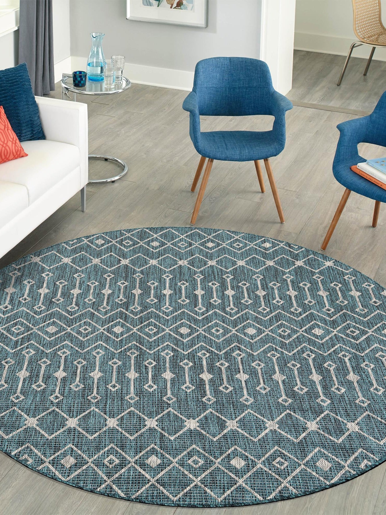 Teal 5' 3 x 5' 3 Outdoor Trellis Round Area Rug Weather Resistant for Patio, Deck, Terrace, Balcony, Porch Geometric Design Water Safe Outside Carpet for Sale at Rug Engine