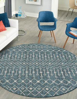 Teal 5' 3 x 5' 3 Outdoor Trellis Round Area Rug Weather Resistant for Patio, Deck, Terrace, Balcony, Porch Geometric Design Water Safe Outside Carpet for Sale at Rug Engine