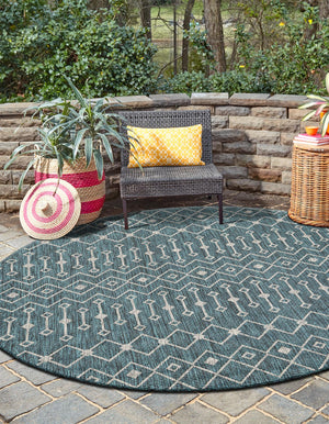 Teal 5' 3 x 5' 3 Outdoor Trellis Round Area Rug Weather Resistant for Patio, Deck, Terrace, Balcony, Porch Geometric Design Water Safe Outside Carpet for Sale at Rug Engine
