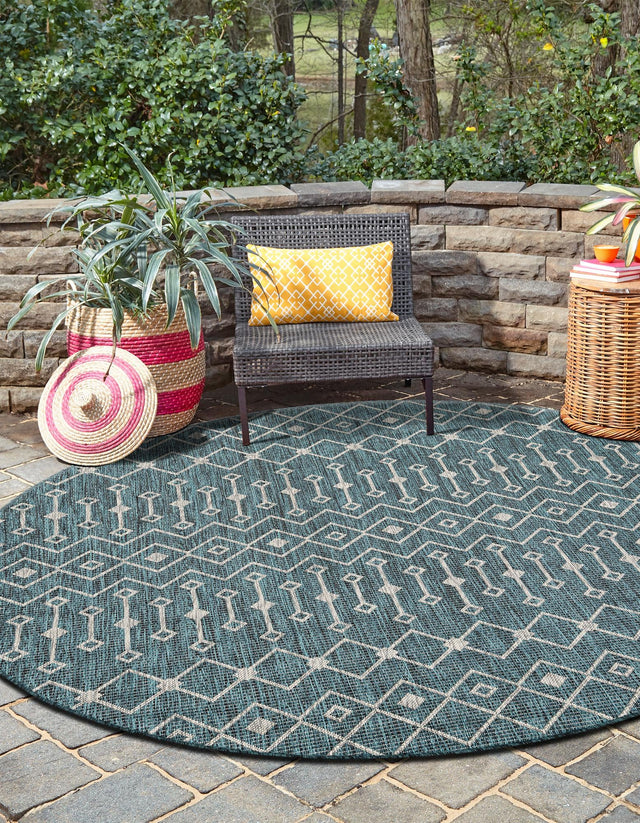 Teal 5' 3 x 5' 3 Outdoor Trellis Round Area Rug Weather Resistant for Patio, Deck, Terrace, Balcony, Porch Geometric Design Water Safe Outside Carpet for Sale at Rug Engine