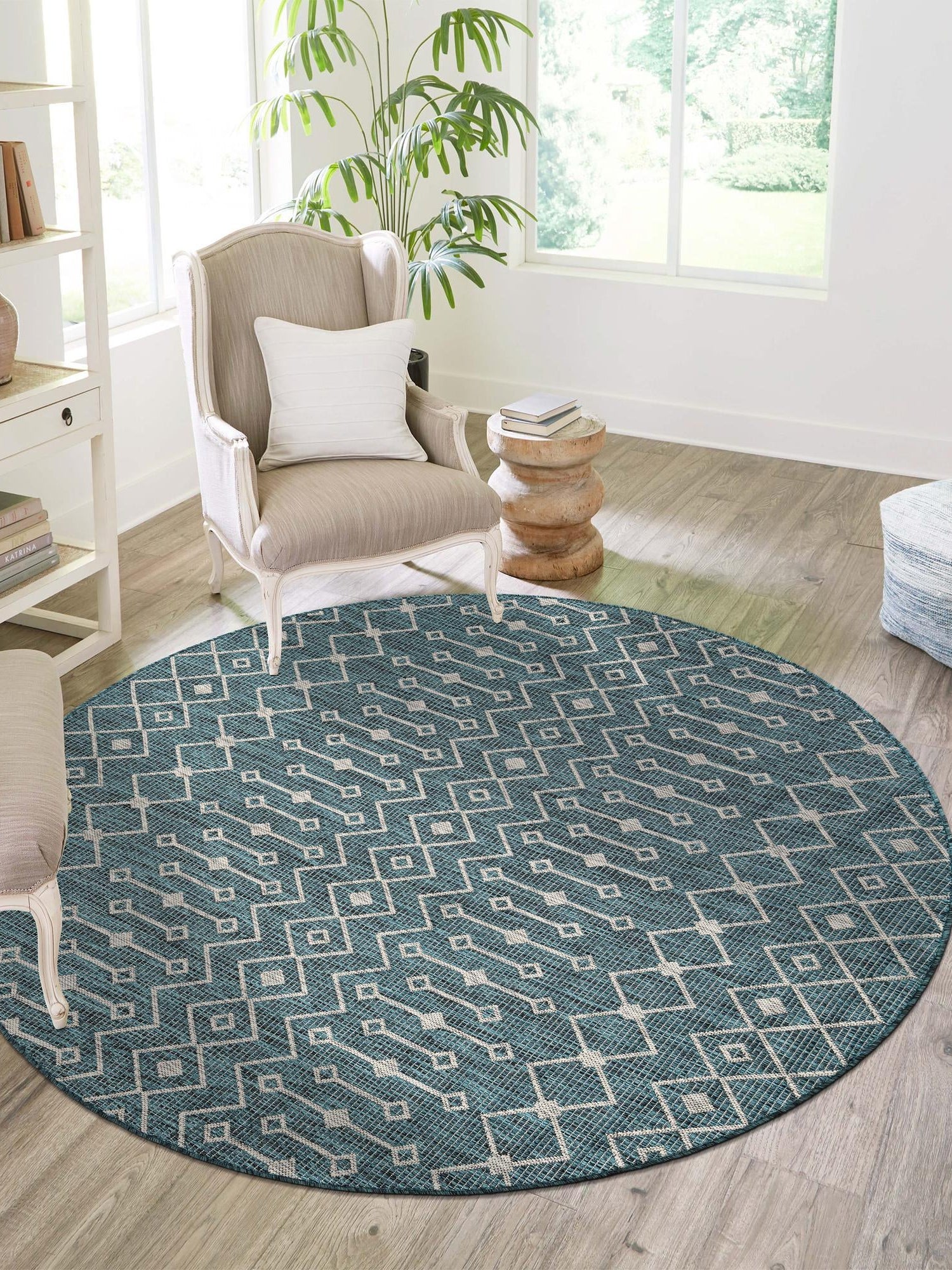 Teal 5' 3 x 5' 3 Outdoor Trellis Round Area Rug Weather Resistant for Patio, Deck, Terrace, Balcony, Porch Geometric Design Water Safe Outside Carpet for Sale at Rug Engine