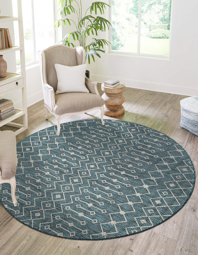 Teal 5' 3 x 5' 3 Outdoor Trellis Round Area Rug Weather Resistant for Patio, Deck, Terrace, Balcony, Porch Geometric Design Water Safe Outside Carpet for Sale at Rug Engine