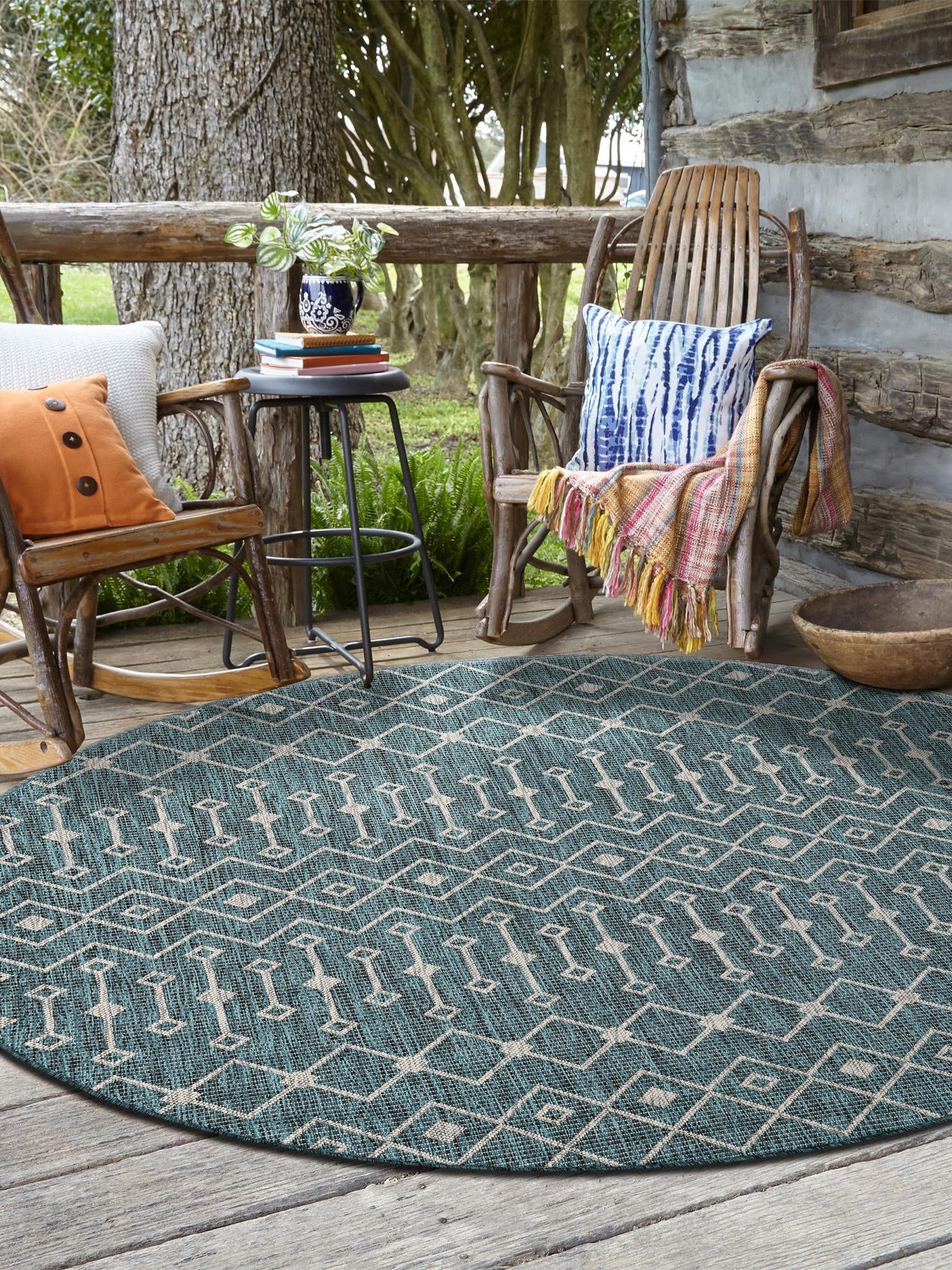 Teal 5' 3 x 5' 3 Outdoor Trellis Round Area Rug Weather Resistant for Patio, Deck, Terrace, Balcony, Porch Geometric Design Water Safe Outside Carpet for Sale at Rug Engine