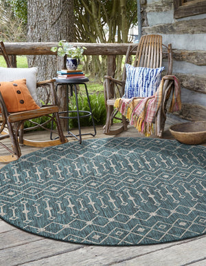 Teal 5' 3 x 5' 3 Outdoor Trellis Round Area Rug Weather Resistant for Patio, Deck, Terrace, Balcony, Porch Geometric Design Water Safe Outside Carpet for Sale at Rug Engine