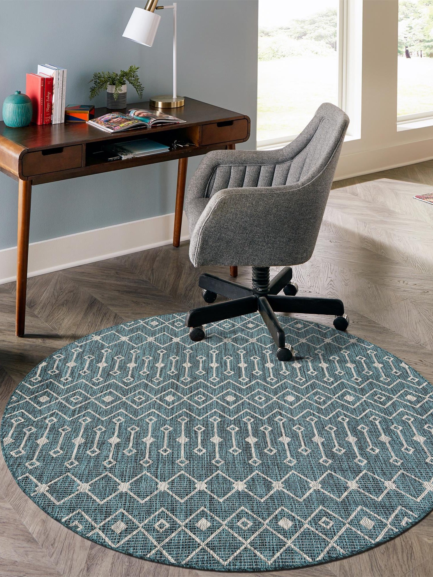 Teal 5' 3 x 5' 3 Outdoor Trellis Round Area Rug Weather Resistant for Patio, Deck, Terrace, Balcony, Porch Geometric Design Water Safe Outside Carpet for Sale at Rug Engine