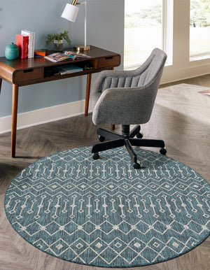 Teal 5' 3 x 5' 3 Outdoor Trellis Round Area Rug Weather Resistant for Patio, Deck, Terrace, Balcony, Porch Geometric Design Water Safe Outside Carpet for Sale at Rug Engine