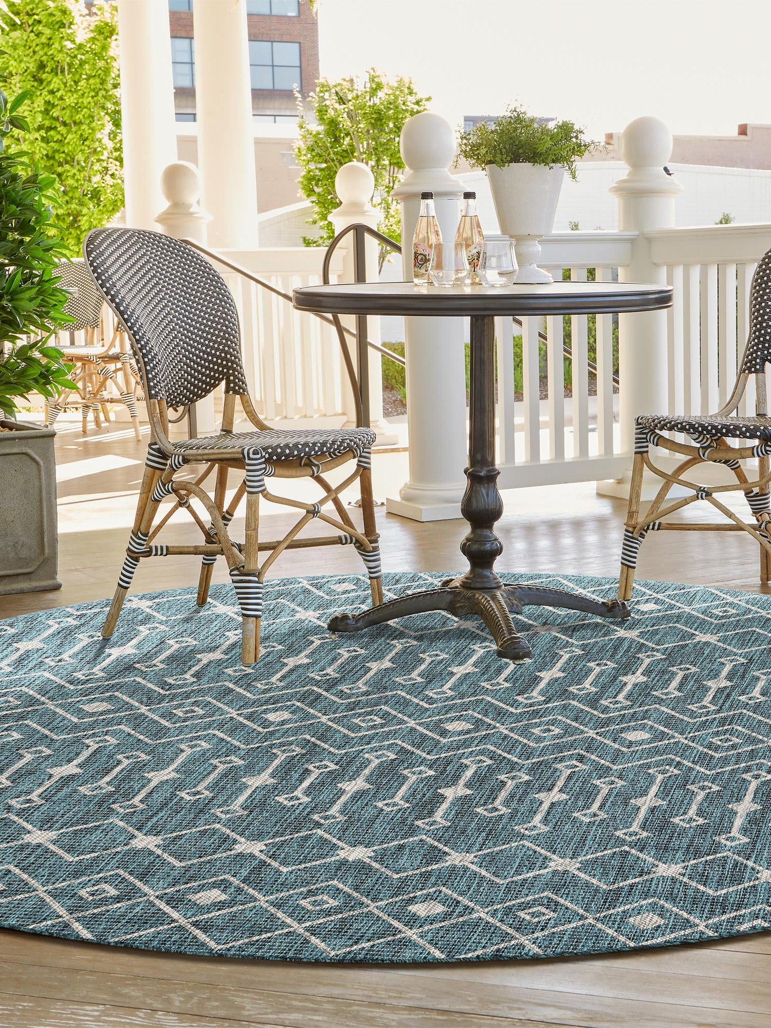 Teal 5' 3 x 5' 3 Outdoor Trellis Round Area Rug Weather Resistant for Patio, Deck, Terrace, Balcony, Porch Geometric Design Water Safe Outside Carpet for Sale at Rug Engine