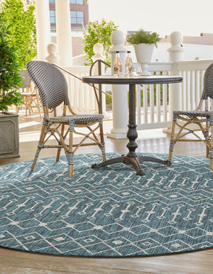 Teal 5' 3 x 5' 3 Outdoor Trellis Round Area Rug Weather Resistant for Patio, Deck, Terrace, Balcony, Porch Geometric Design Water Safe Outside Carpet for Sale at Rug Engine