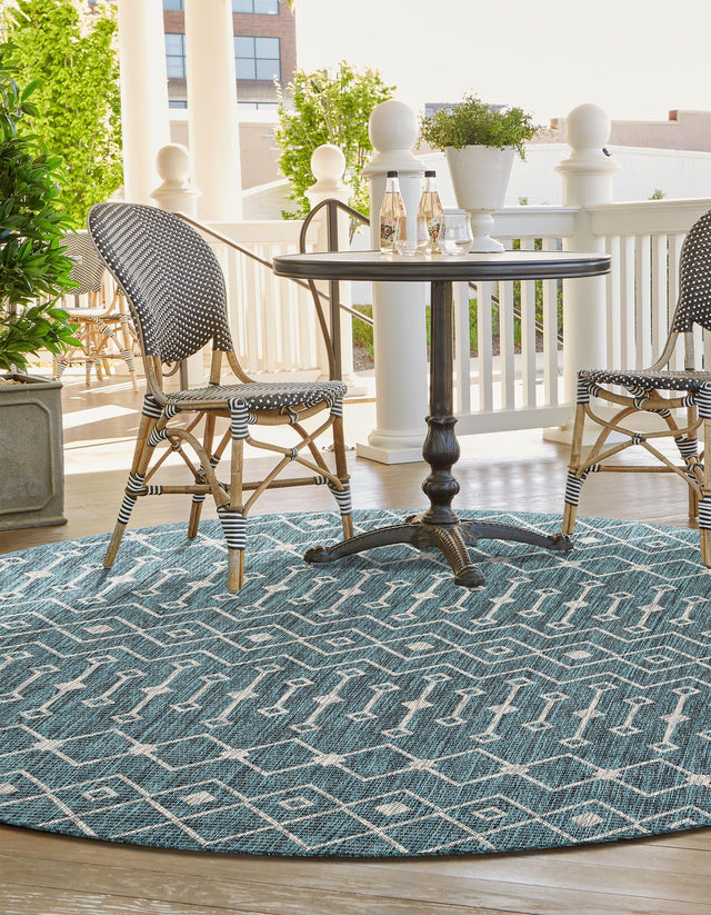 Teal 5' 3 x 5' 3 Outdoor Trellis Round Area Rug Weather Resistant for Patio, Deck, Terrace, Balcony, Porch Geometric Design Water Safe Outside Carpet for Sale at Rug Engine