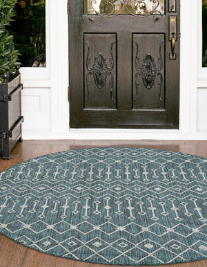 Teal 10' 8 x 10' 8 Outdoor Trellis Round Area Rug Weather Resistant for Patio, Deck, Terrace, Balcony, Porch Geometric Design Water Safe Outside Carpet for Sale at Rug Engine