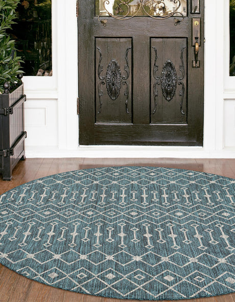 Teal 10' 8 x 10' 8 Outdoor Trellis Round Area Rug Weather Resistant for Patio, Deck, Terrace, Balcony, Porch Geometric Design Water Safe Outside Carpet for Sale at Rug Engine
