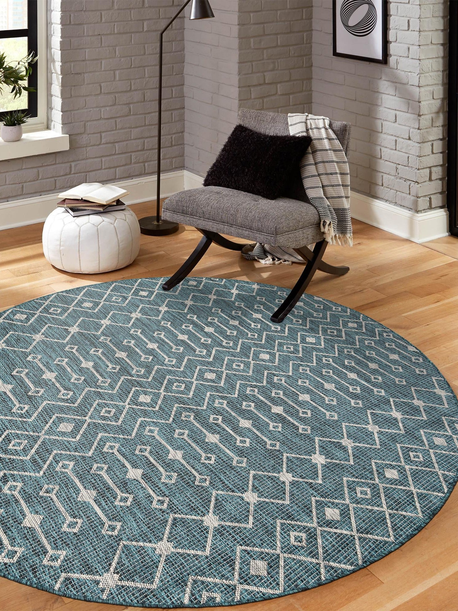 Teal 4' 1 x 4' 1 Outdoor Trellis Round Area Rug Weather Resistant for Patio, Deck, Terrace, Balcony, Porch Geometric Design Water Safe Outside Carpet for Sale at Rug Engine