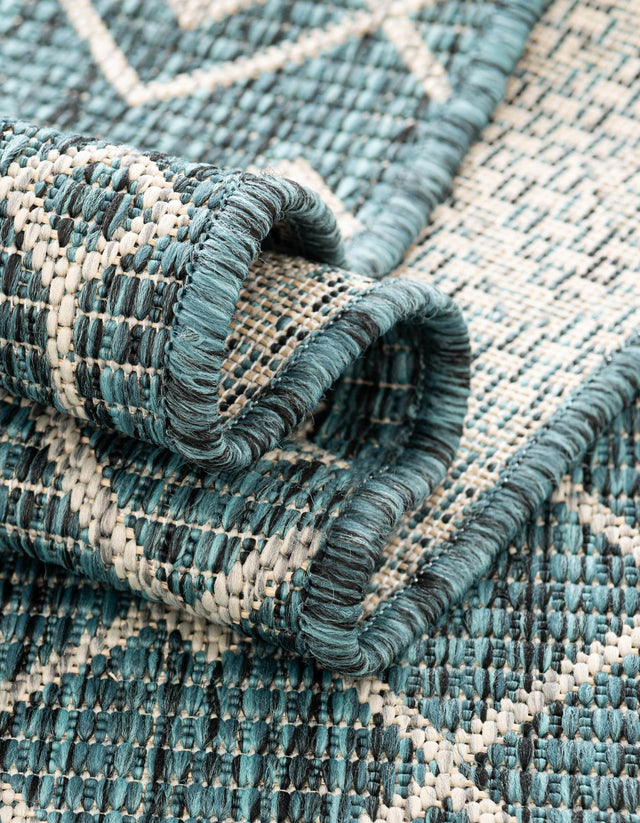 Teal 6' 1 x 6' 1 Outdoor Trellis Round Area Rug Weather Resistant for Patio, Deck, Terrace, Balcony, Porch Geometric Design Water Safe Outside Carpet for Sale at Rug Engine