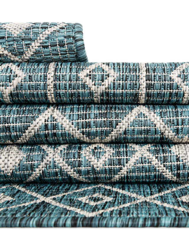 Teal 6' 1 x 6' 1 Outdoor Trellis Round Area Rug Weather Resistant for Patio, Deck, Terrace, Balcony, Porch Geometric Design Water Safe Outside Carpet for Sale at Rug Engine