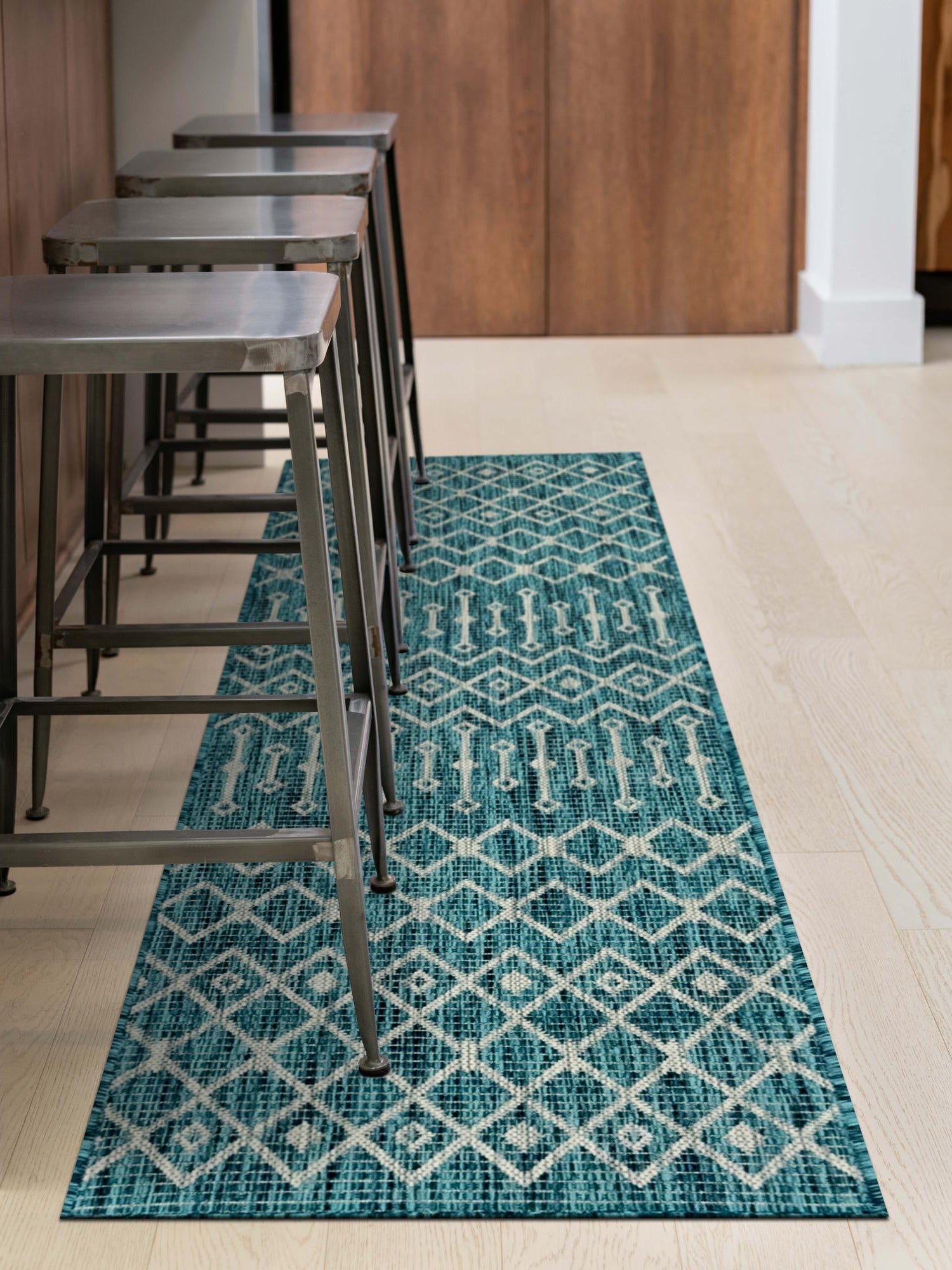 Teal 2' x 6' 1 Outdoor Trellis Runner Area Rug Weather Resistant for Patio, Deck, Terrace, Balcony, Porch Geometric Design Water Safe Outside Carpet for Sale at Rug Engine