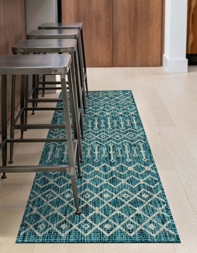 Teal 2' x 6' 1 Outdoor Trellis Runner Area Rug Weather Resistant for Patio, Deck, Terrace, Balcony, Porch Geometric Design Water Safe Outside Carpet for Sale at Rug Engine