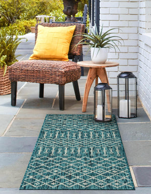 Teal 2' x 6' 1 Outdoor Trellis Runner Area Rug Weather Resistant for Patio, Deck, Terrace, Balcony, Porch Geometric Design Water Safe Outside Carpet for Sale at Rug Engine