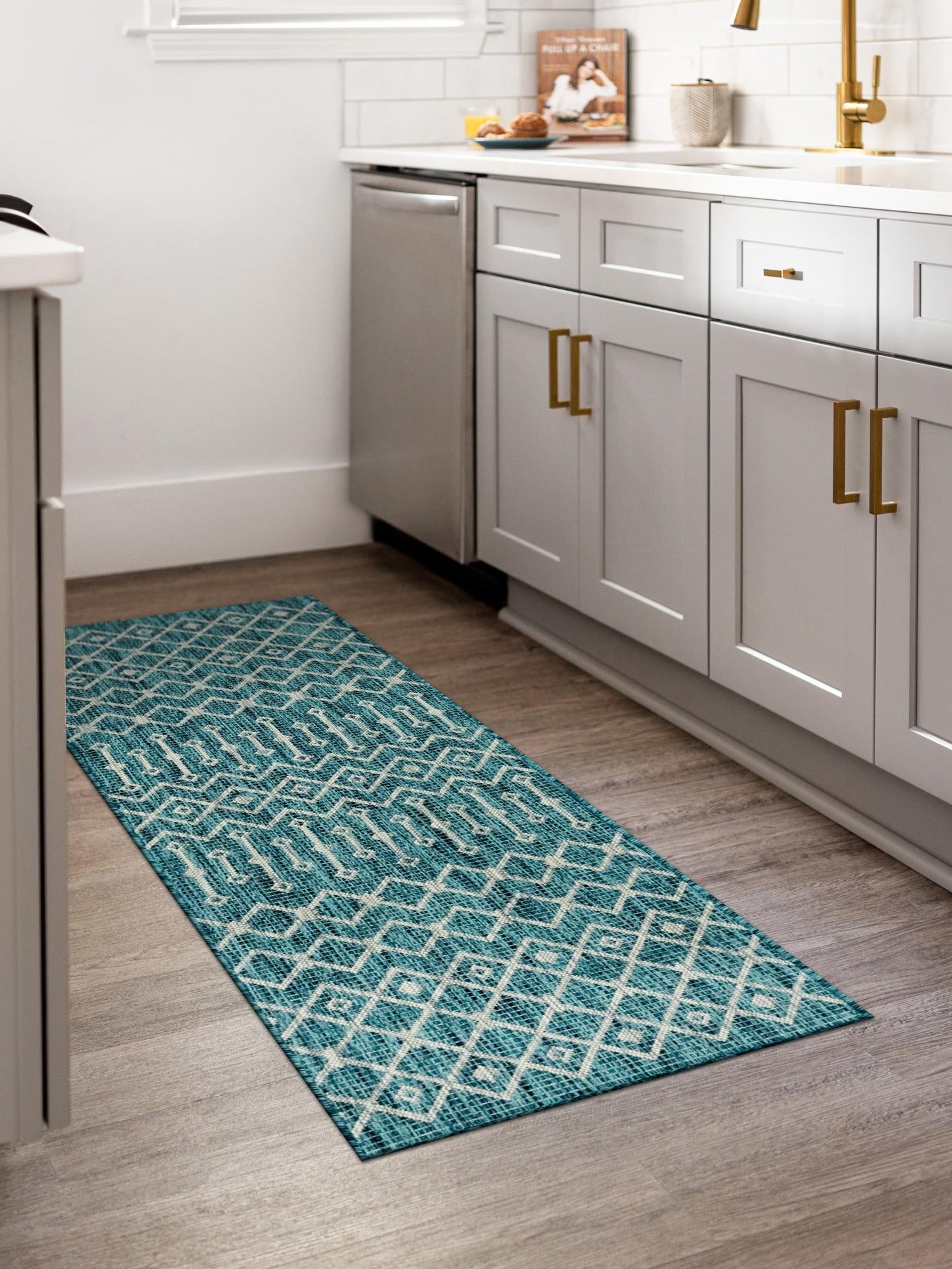 Teal 2' x 6' 1 Outdoor Trellis Runner Area Rug Weather Resistant for Patio, Deck, Terrace, Balcony, Porch Geometric Design Water Safe Outside Carpet for Sale at Rug Engine