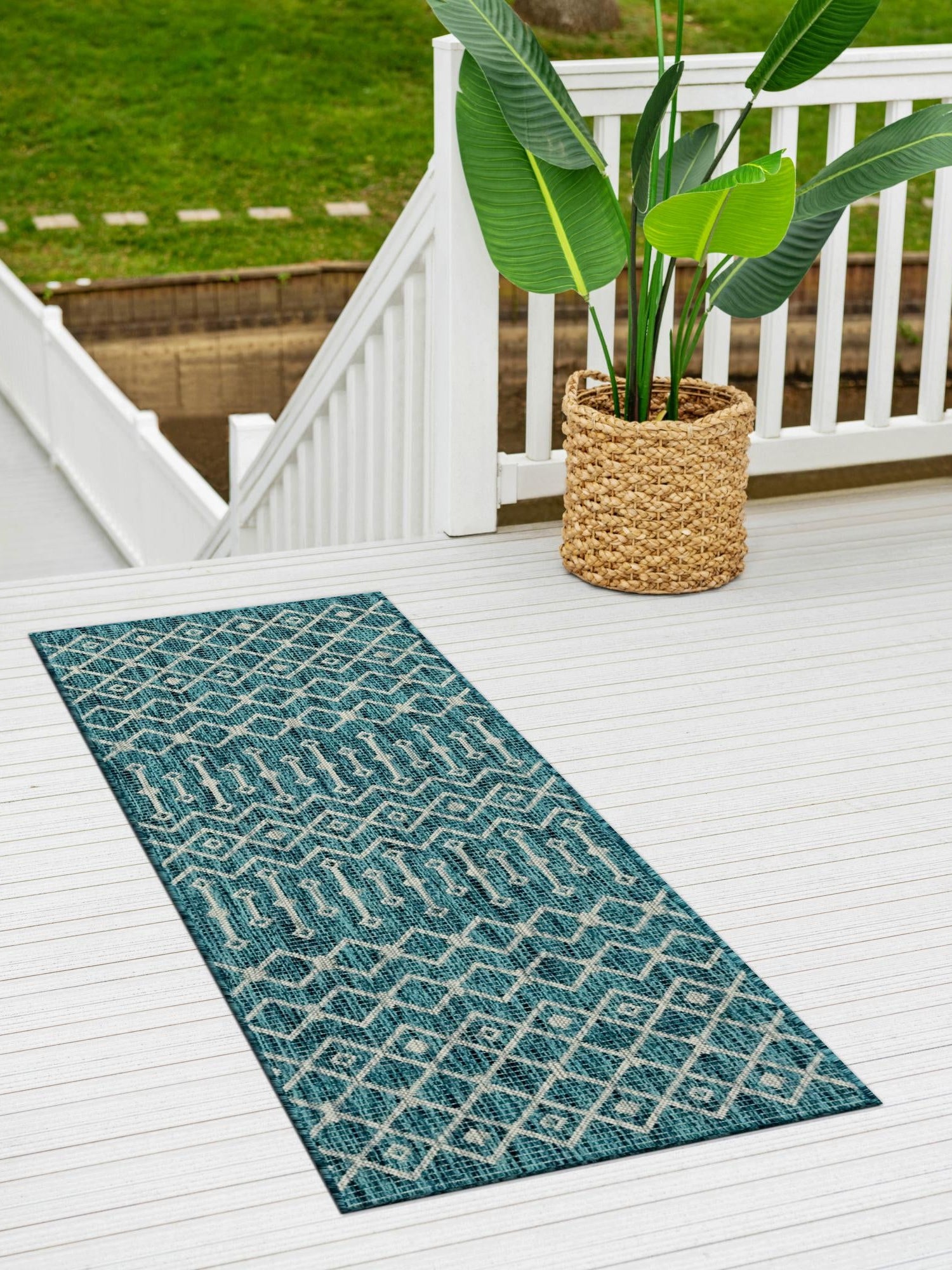 Teal 2' x 6' 1 Outdoor Trellis Runner Area Rug Weather Resistant for Patio, Deck, Terrace, Balcony, Porch Geometric Design Water Safe Outside Carpet for Sale at Rug Engine