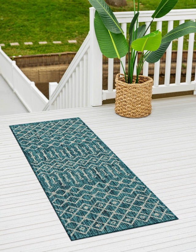 Teal 2' x 6' 1 Outdoor Trellis Runner Area Rug Weather Resistant for Patio, Deck, Terrace, Balcony, Porch Geometric Design Water Safe Outside Carpet for Sale at Rug Engine