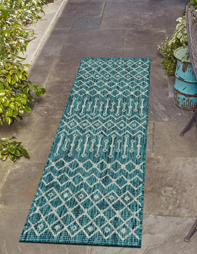 Teal 2' x 6' 1 Outdoor Trellis Runner Area Rug Weather Resistant for Patio, Deck, Terrace, Balcony, Porch Geometric Design Water Safe Outside Carpet for Sale at Rug Engine